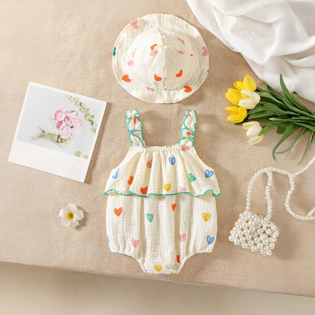 Barboteuse bébé sans manches gaze de coton motif cœur & chapeau