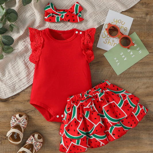 Ensemble bébé body + robe chic motif pastèque & bandeau