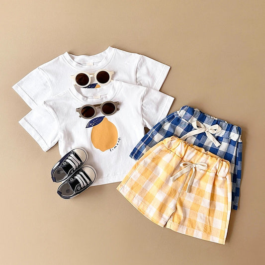 Ensemble bébé t-shirt blanc motif citron + short coton à carreaux