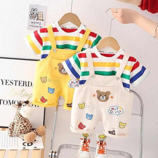 Ensemble enfant t-shirt rayé + salopette coton style cartoon