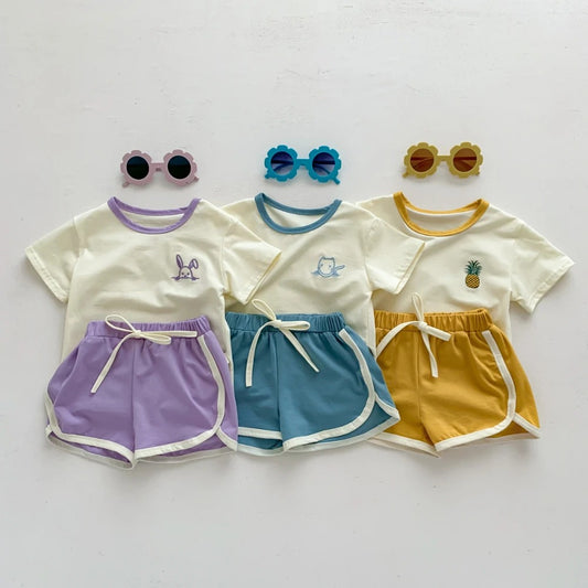 Ensemble bébé t-shirt + short coton rétro motifs brodés