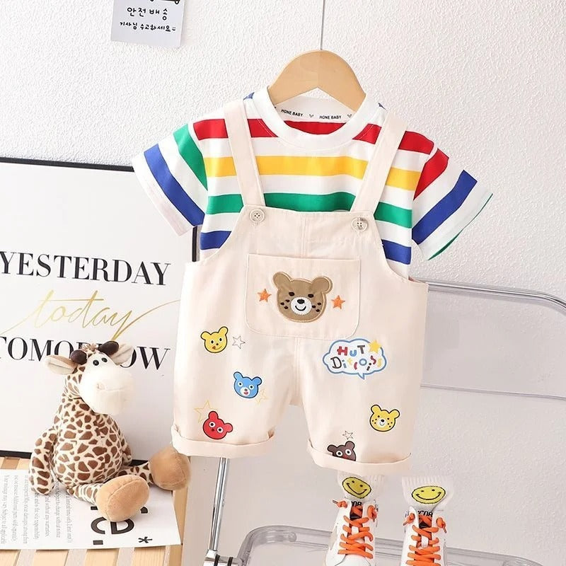 Ensemble enfant t-shirt rayé + salopette coton style cartoon
