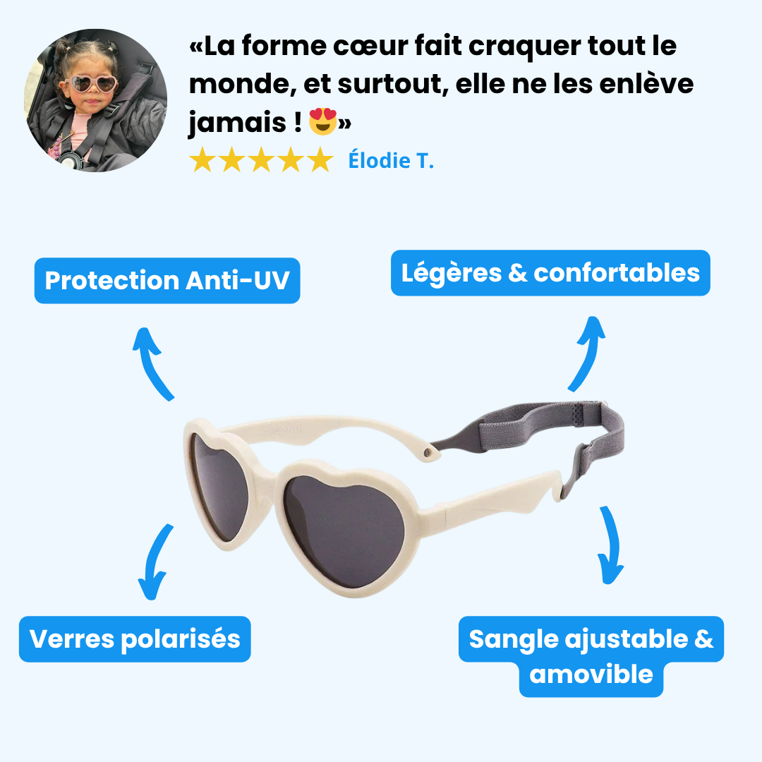 Lunettes de soleil bébé cœur - Polarisées, souples & avec sangle (0-3 ans)