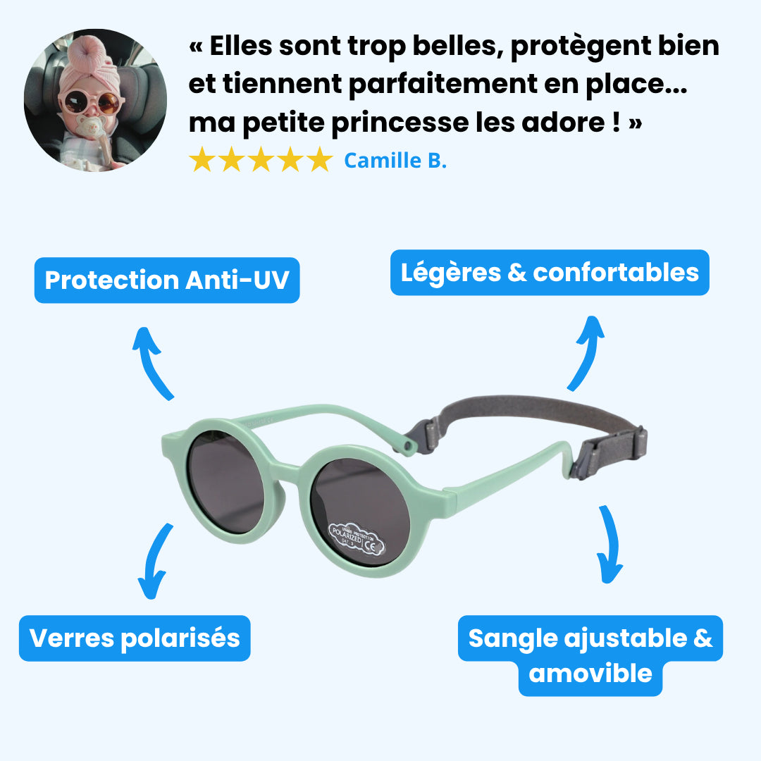 Lunettes de soleil rondes bébé - Polarisées, souples & avec sangle (0-3 ans)