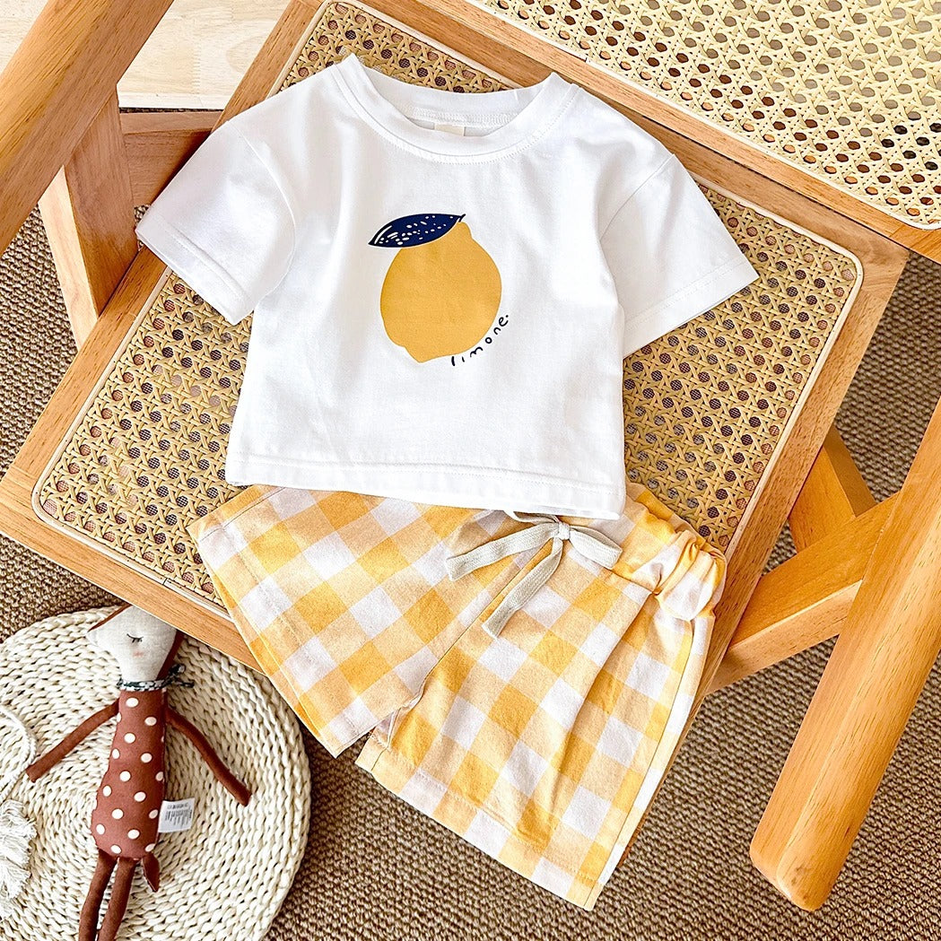 Ensemble bébé t-shirt blanc motif citron + short coton à carreaux