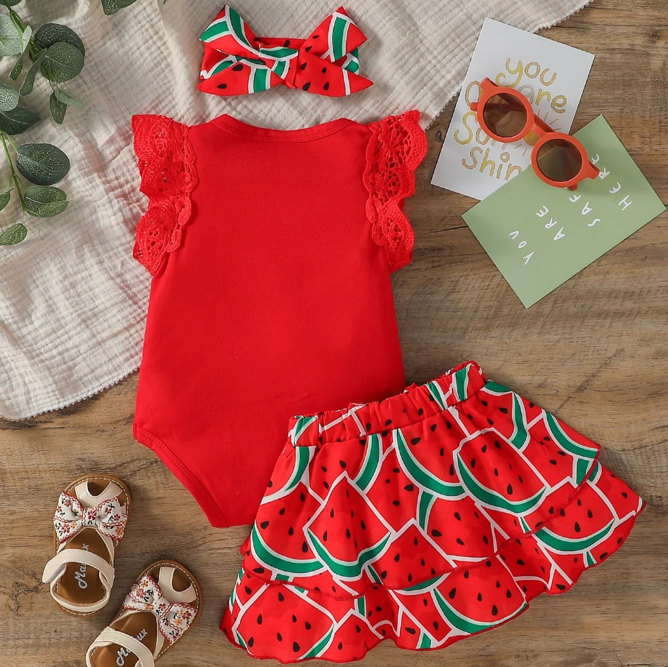 Ensemble bébé body + robe chic motif pastèque & bandeau
