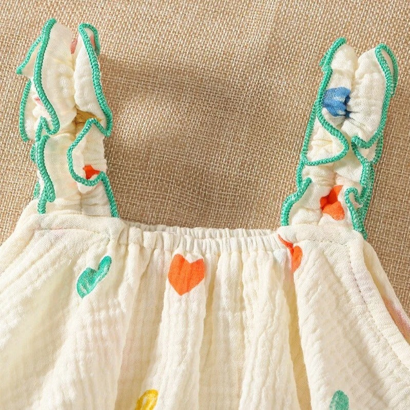 Barboteuse bébé sans manches gaze de coton motif cœur & chapeau