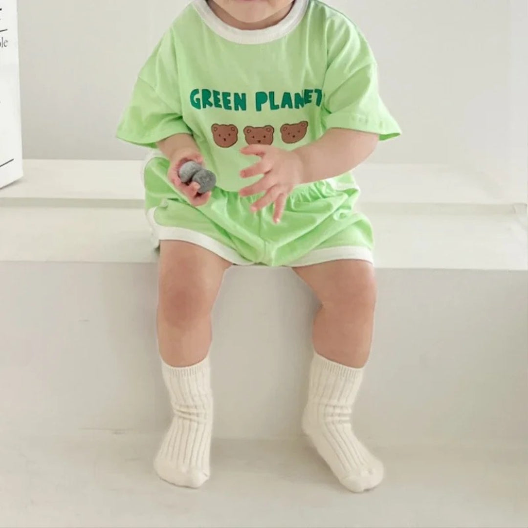 Ensemble bébé t-shirt + short coton rétro motif ours