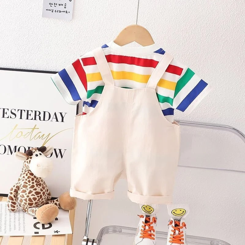Ensemble enfant t-shirt rayé + salopette coton style cartoon