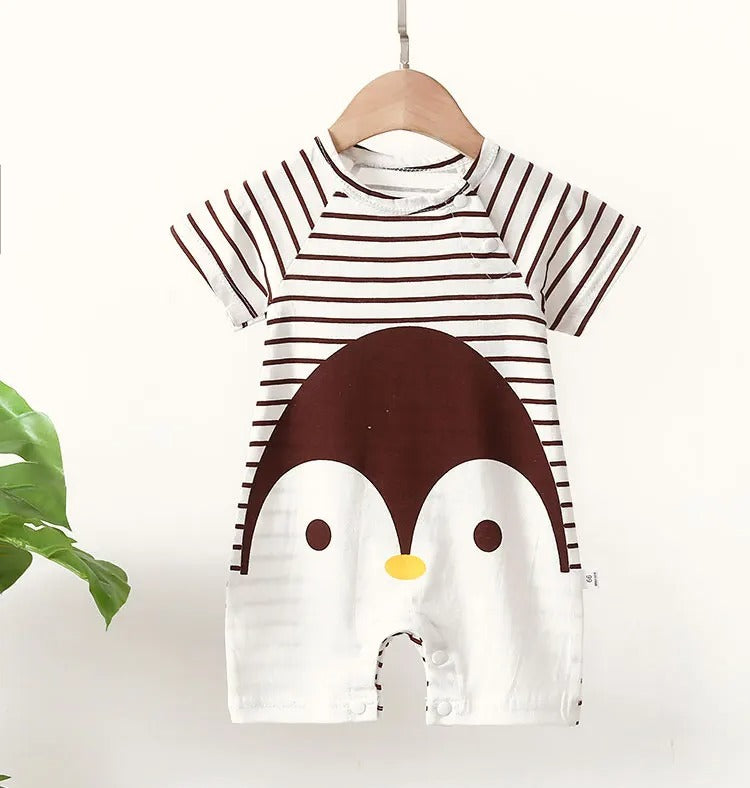 Barboteuse bébé manches courtes coton marinière motif pingouin