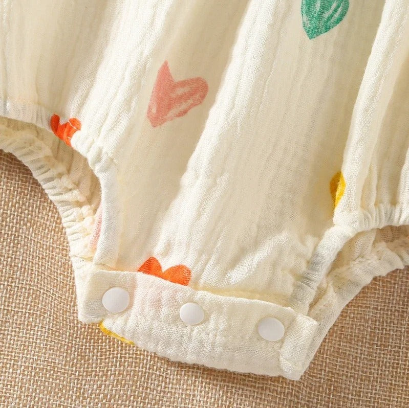 Barboteuse bébé sans manches gaze de coton motif cœur & chapeau