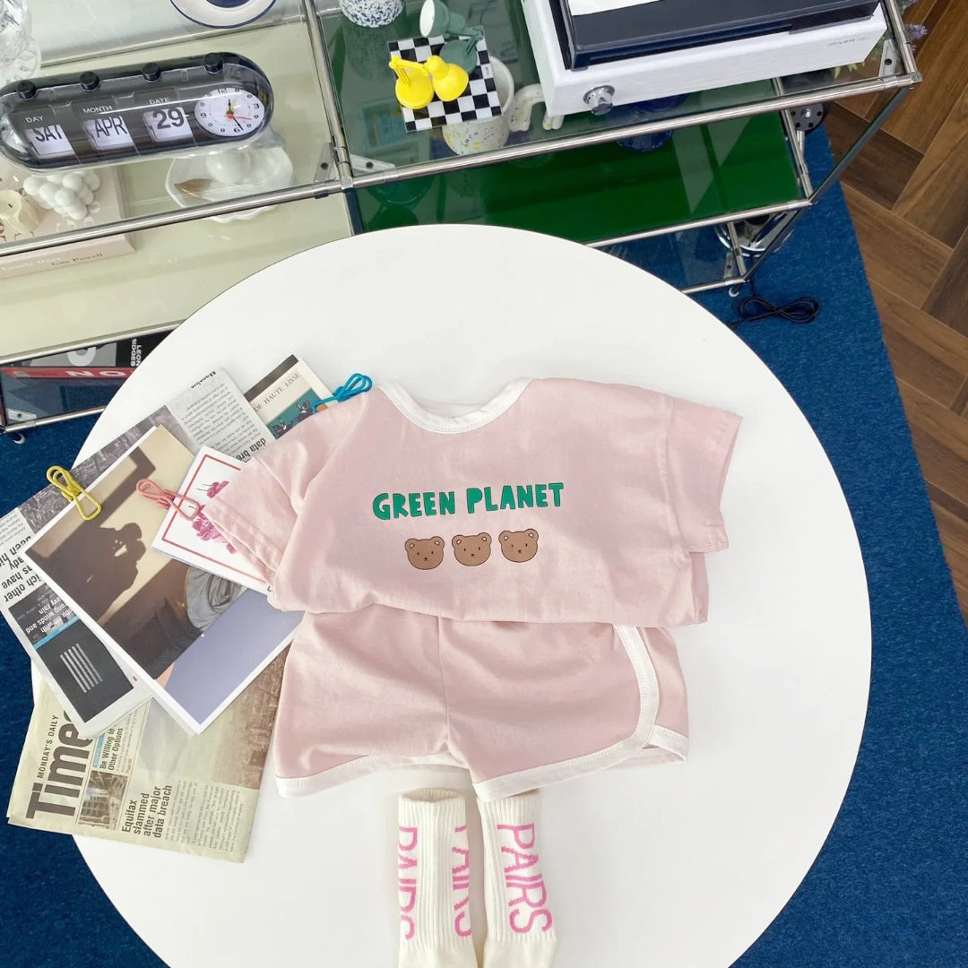 Ensemble bébé t-shirt + short coton rétro motif ours