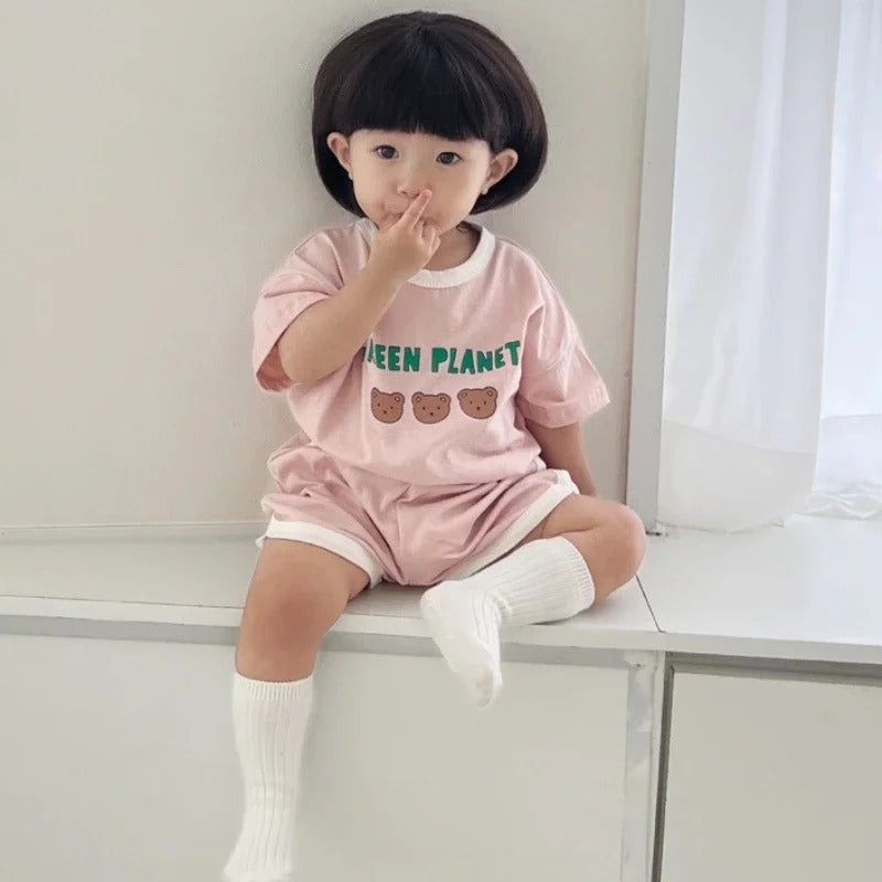 Ensemble bébé t-shirt + short coton rétro motif ours