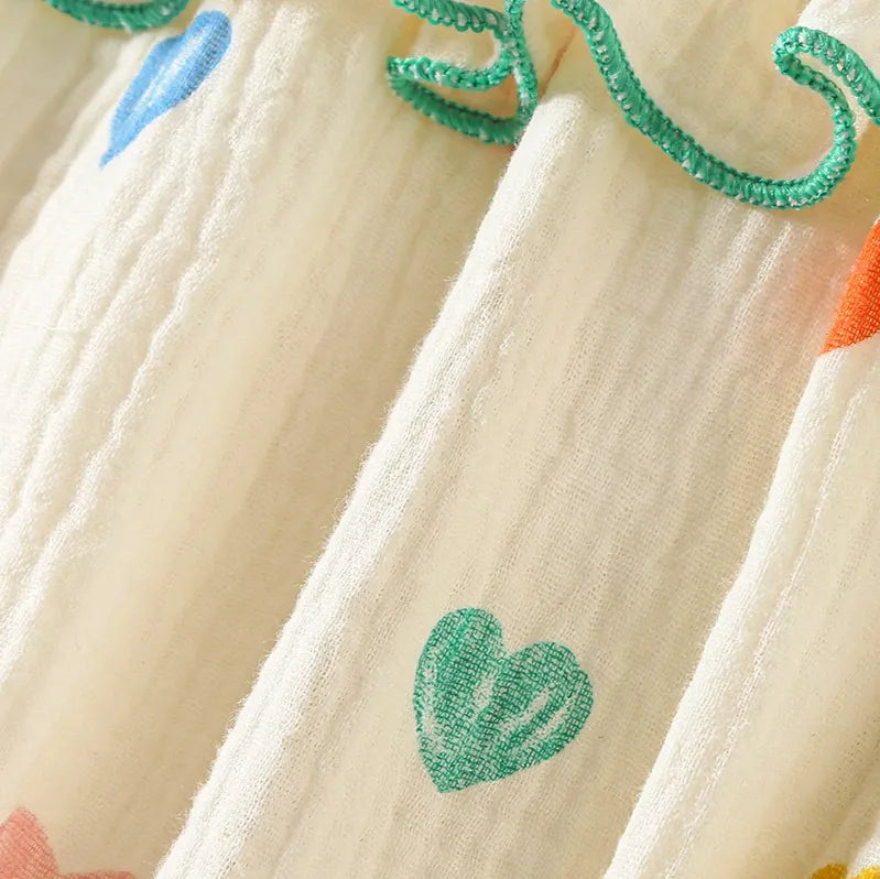 Barboteuse bébé sans manches gaze de coton motif cœur & chapeau