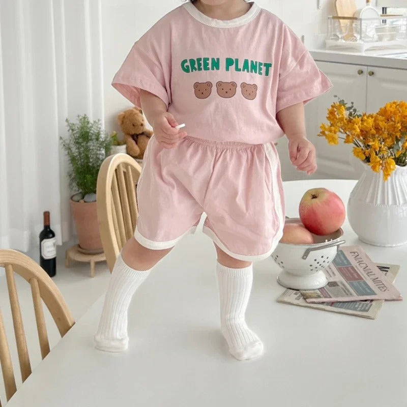 Ensemble bébé t-shirt + short coton rétro motif ours