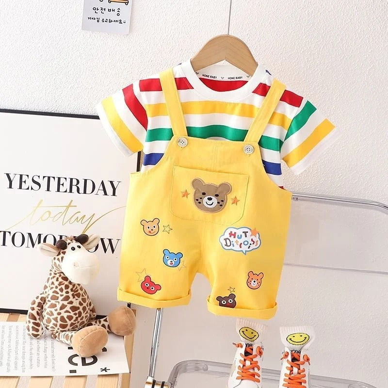 Ensemble enfant t-shirt rayé + salopette coton style cartoon