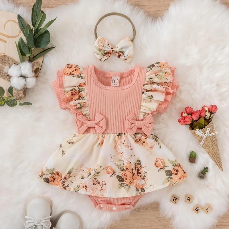 Body bébé manches courtes coton style robe fleurie avec nœud