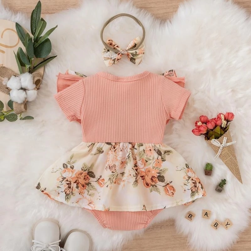 Body bébé manches courtes coton style robe fleurie avec nœud