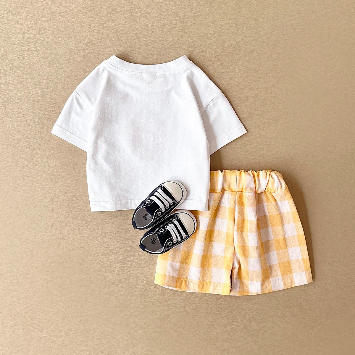 Ensemble bébé t-shirt blanc motif citron + short coton à carreaux