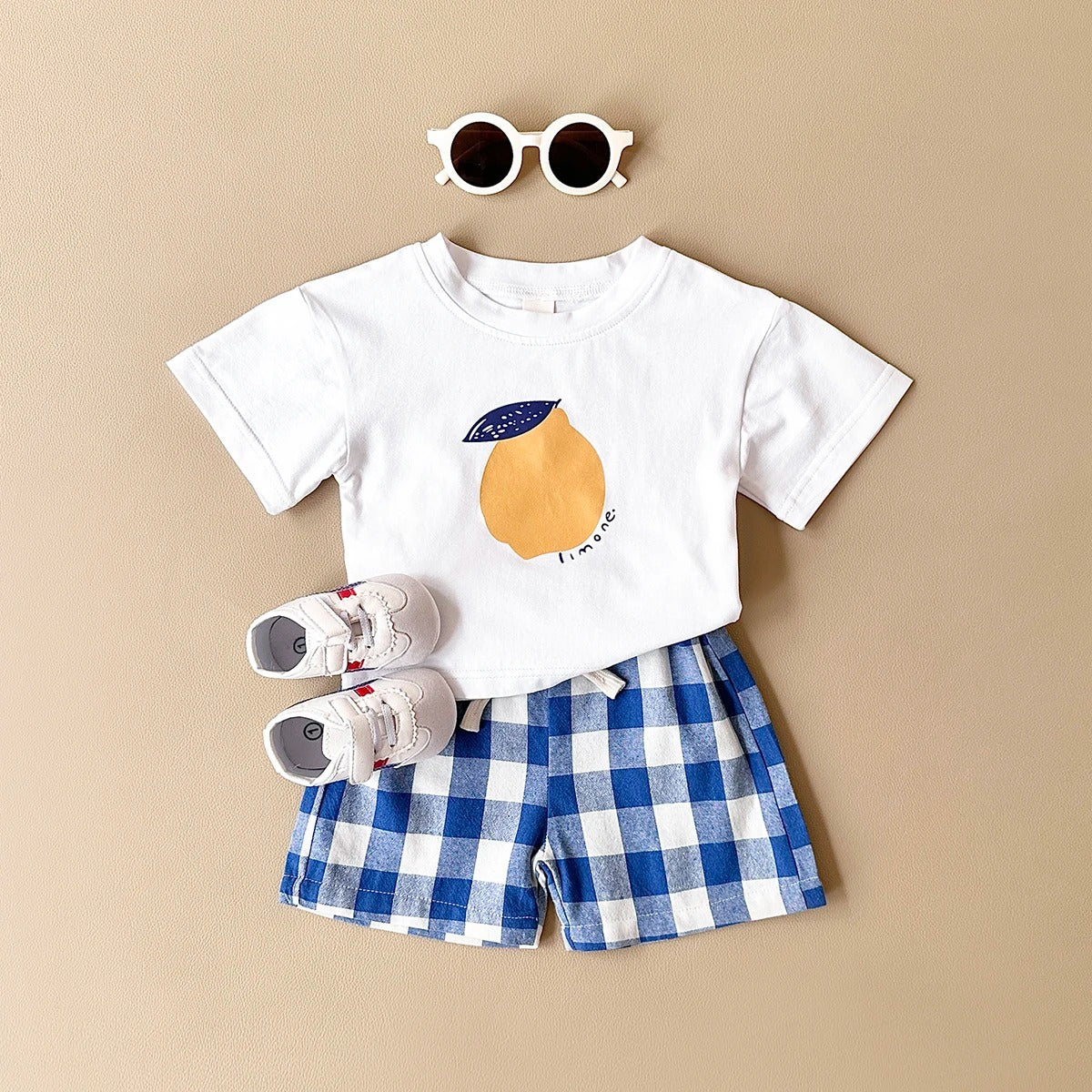 Ensemble bébé t-shirt blanc motif citron + short coton à carreaux