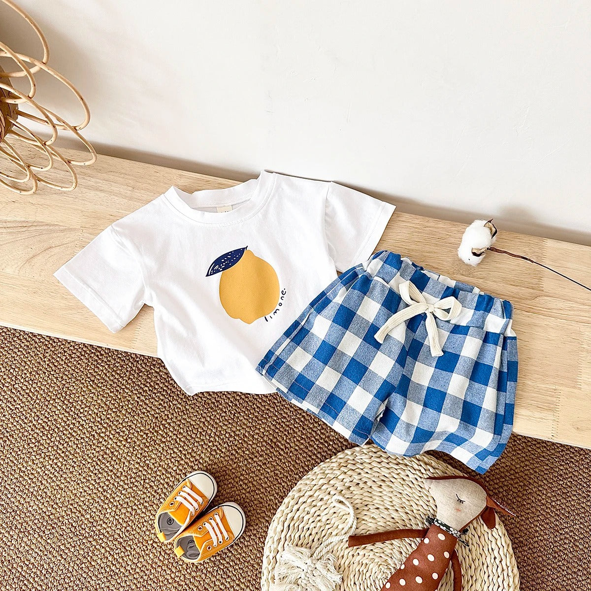 Ensemble bébé t-shirt blanc motif citron + short coton à carreaux