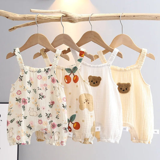 Barboteuse bébé sans manches gaze de coton à motifs & chapeau