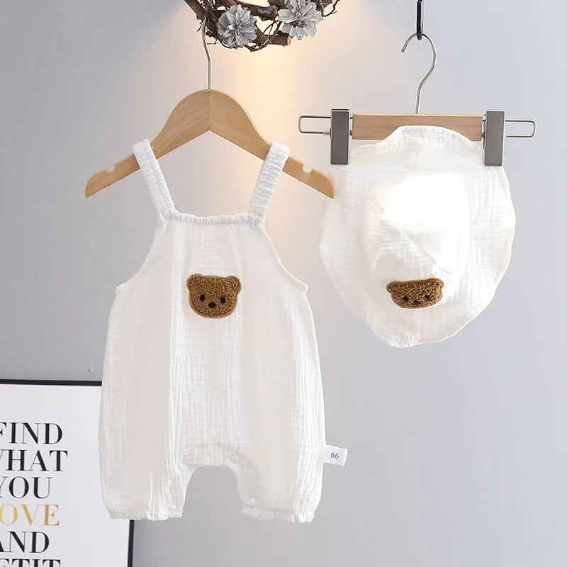 Barboteuse bébé sans manches gaze de coton à motifs & chapeau