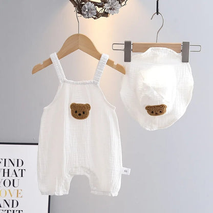 Barboteuse bébé sans manches gaze de coton à motifs & chapeau
