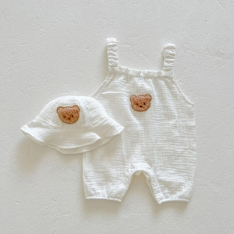 Barboteuse bébé sans manches gaze de coton à motifs & chapeau