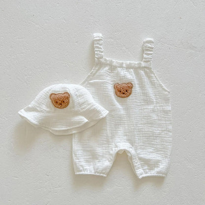 Barboteuse bébé sans manches gaze de coton à motifs & chapeau