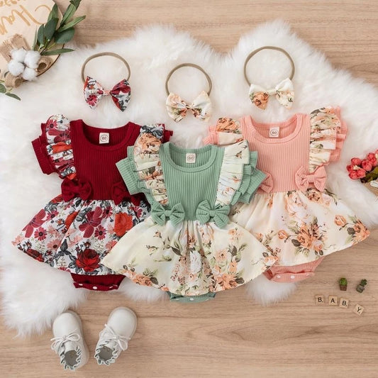 Body bébé manches courtes coton style robe fleurie avec nœud