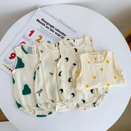 Body bébé sans manches gaze de coton à motifs