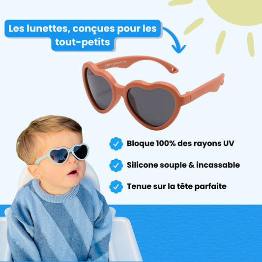 Lunettes de soleil bébé cœur - Polarisées, souples & avec sangle (0-3 ans)