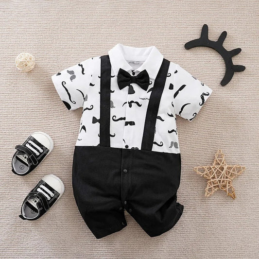 Barboteuse bébé manches courtes coton style costume moustache