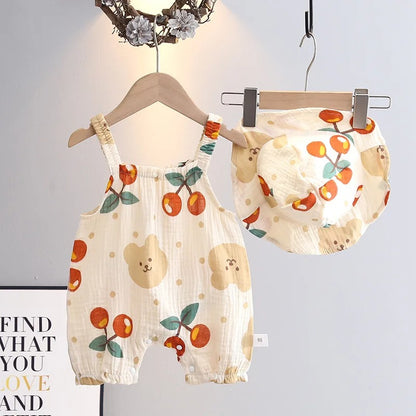 Barboteuse bébé sans manches gaze de coton à motifs & chapeau