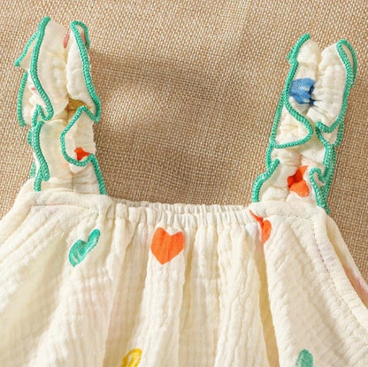 Barboteuse bébé sans manches gaze de coton motif cœur & chapeau