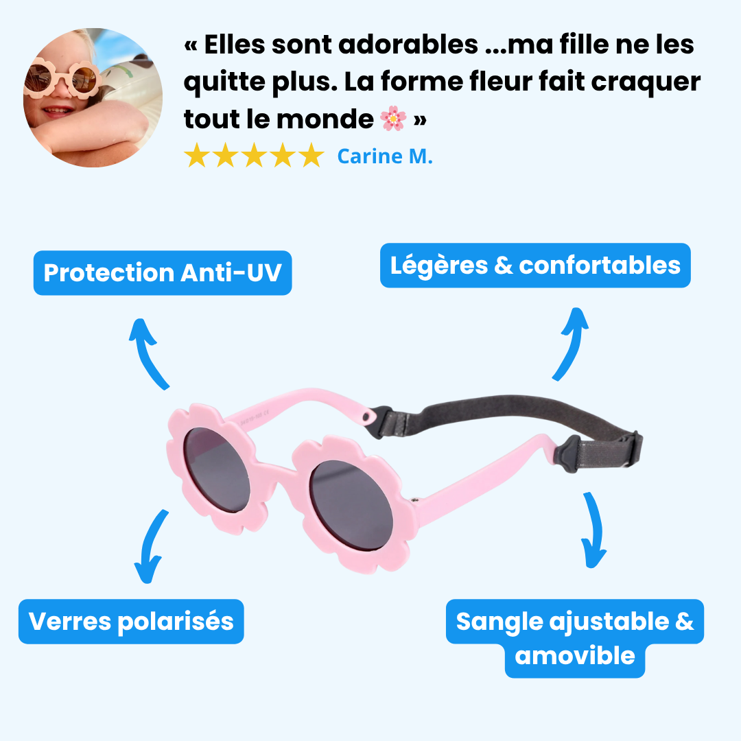 Lunettes de soleil bébé fleur - Polarisées, souples & avec sangle (0-3 ans)