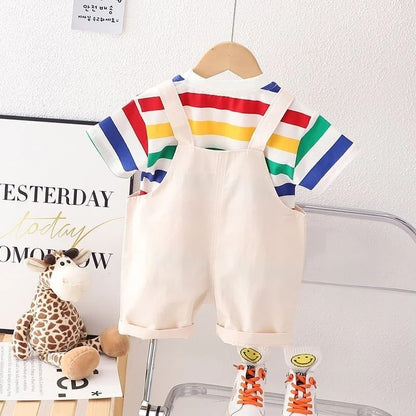 Ensemble enfant t-shirt rayé + salopette coton style cartoon