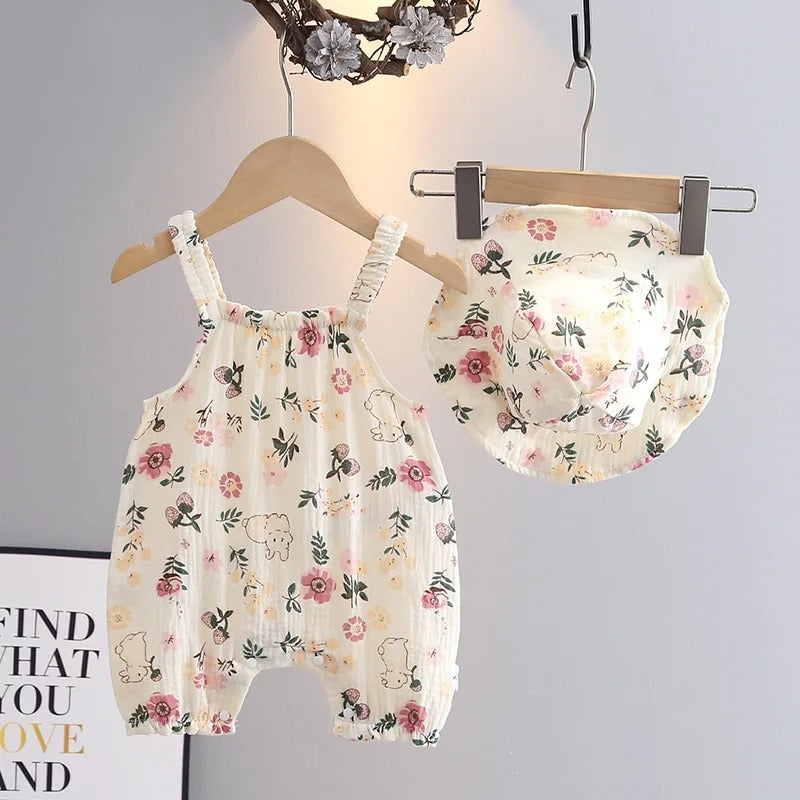 Barboteuse bébé sans manches gaze de coton à motifs & chapeau