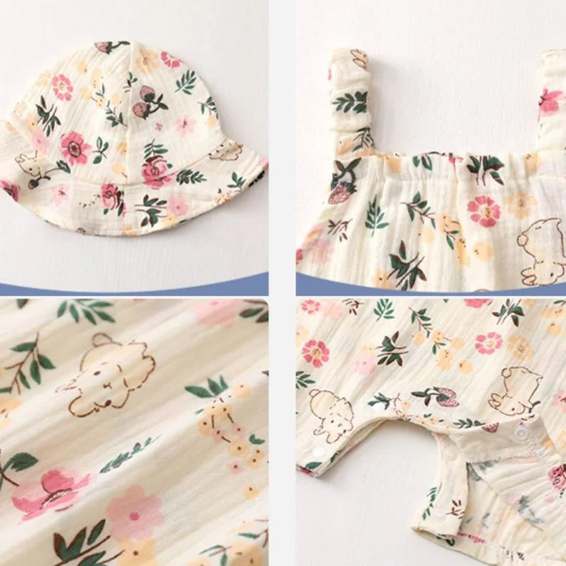 Barboteuse bébé sans manches gaze de coton à motifs & chapeau