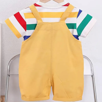Ensemble enfant t-shirt rayé + salopette coton style cartoon