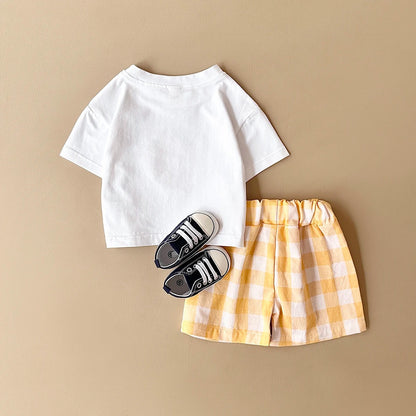 Ensemble bébé t-shirt blanc motif citron + short coton à carreaux