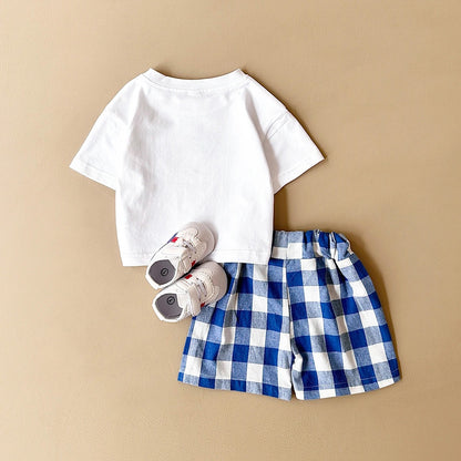 Ensemble bébé t-shirt blanc motif citron + short coton à carreaux