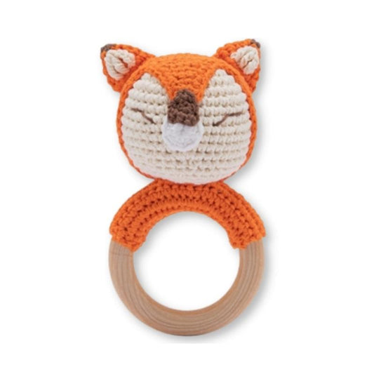 Renard - Hochet en tricot avec anneau en bois