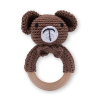 Ourson - Hochet en tricot avec anneau en bois