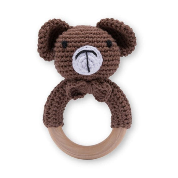 Ourson - Hochet en tricot avec anneau en bois