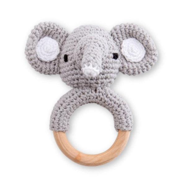 Éléphant - Hochet en tricot avec anneau en bois